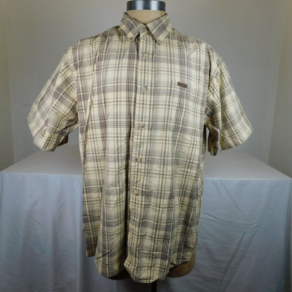 Carhartt Men Yellow Brown Button Down Shirt Short Sleeve Plaid Size XL Cotton